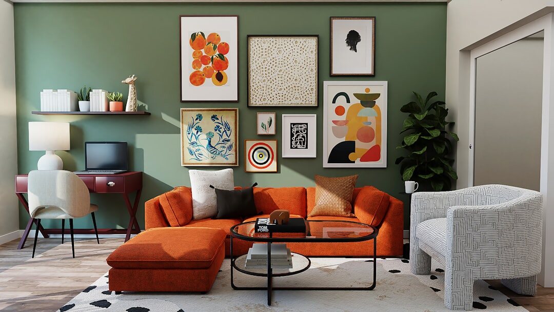 Retro 1980s living room with colourful vintage furniture